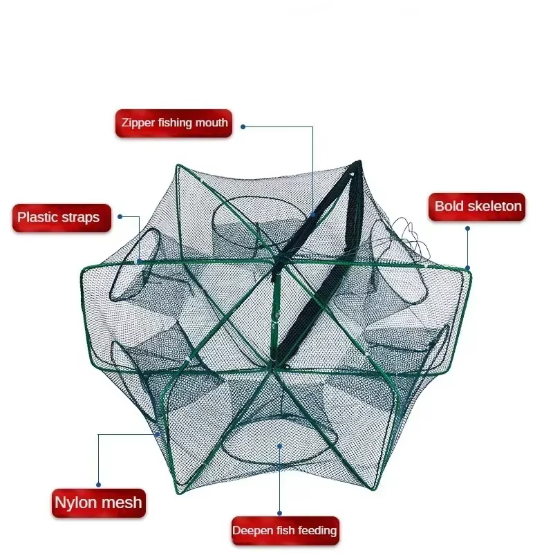 Nouveau filet de pêche pliable hexagonal/octogonal à 8 trous, filet de pêche à la main, filet de lancer, attrapeur d'écrevisses et de crevettes, outil de capture en cage/épuisette