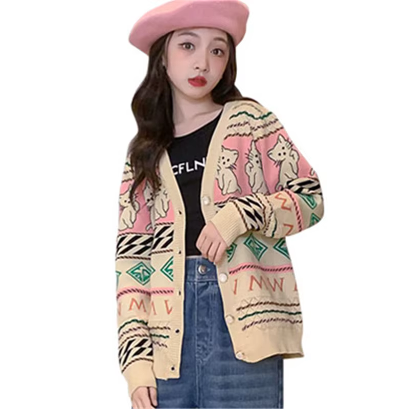 Pull cardigan de dessin animé vintage pour enfants, tricots classiques et rétro, vêtements mignons pour adolescents, mode pour enfants, nouveau, printemps, chat