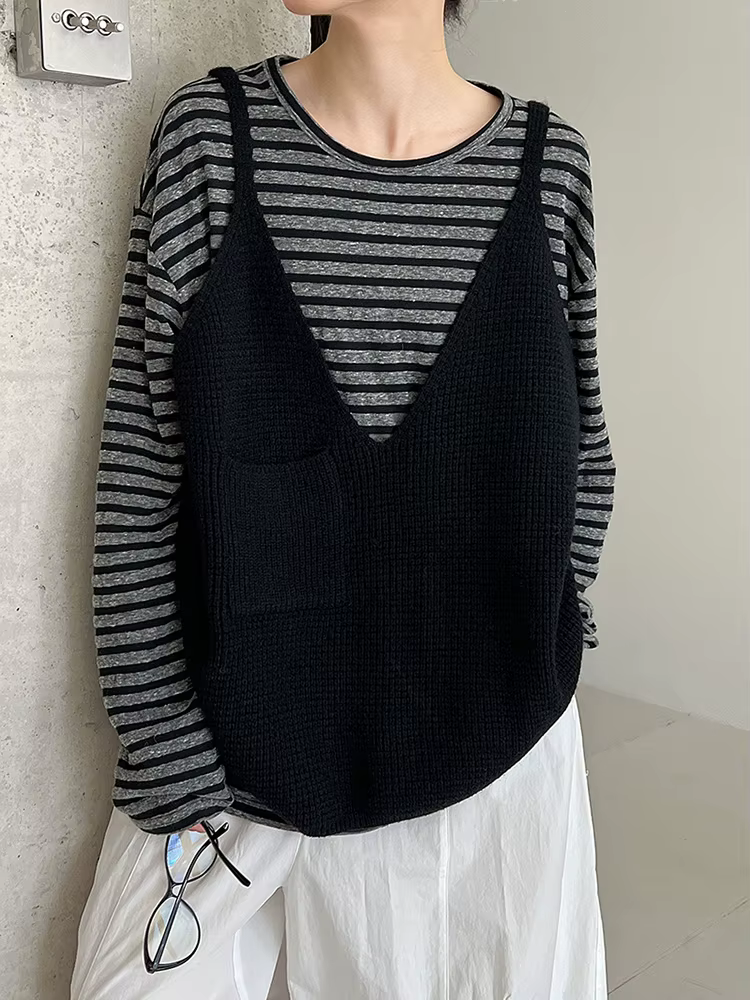 EAM femmes noir gris bref grande taille décontracté tricot gilet nouveau col en V sans manches mode marée printemps automne 2026 1DJ3233