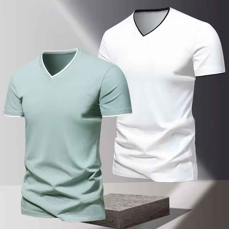 T-shirt pour homme à col en V et manches courtes, T-shirt de sport et de loisirs pour homme, T-shirt basique uni tendance et simple
