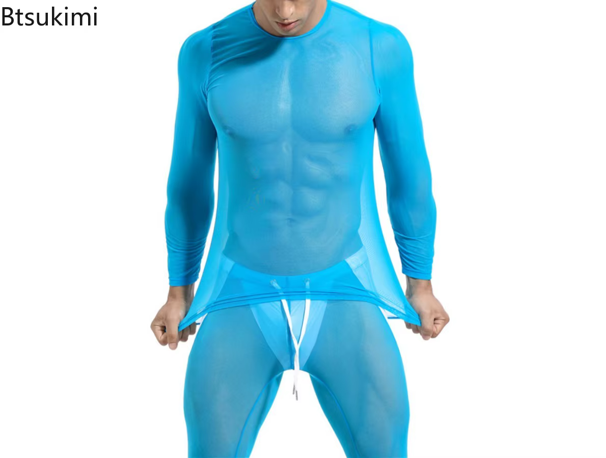 T-shirts sexy en maille pour hommes 2026 – Hauts transparents à manches longues très élastiques – T-shirts de compression pour le sport et le fitness – Tenue de gym transparente