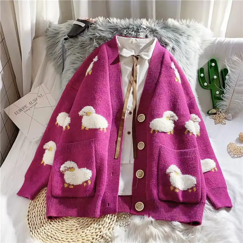Bleu mouton dessin animé col en v à manches longues pull tricoté en vrac femmes Cardigan mode coréenne hiver épais