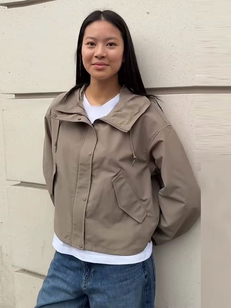 Vestes courtes décontractées à capuche pour femmes, manteaux à col montant avec boutons amples, hauts de couleur unie, vêtements d'extérieur d'automne