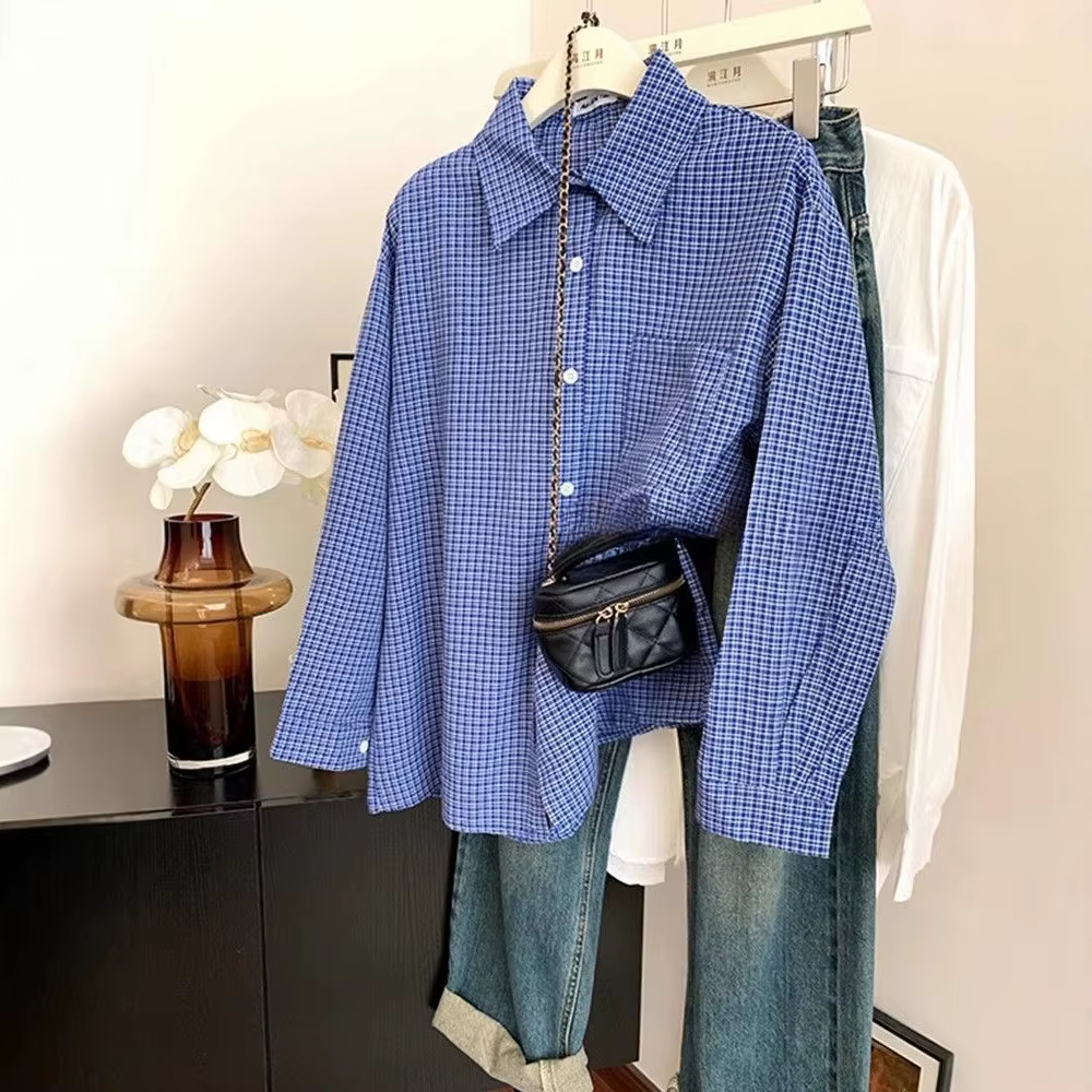 Veste chemise à manches longues à carreaux bleus pour femmes, Style paresseux Vintage de début d'automne, chemise ample et décontractée à carreaux ajustée.