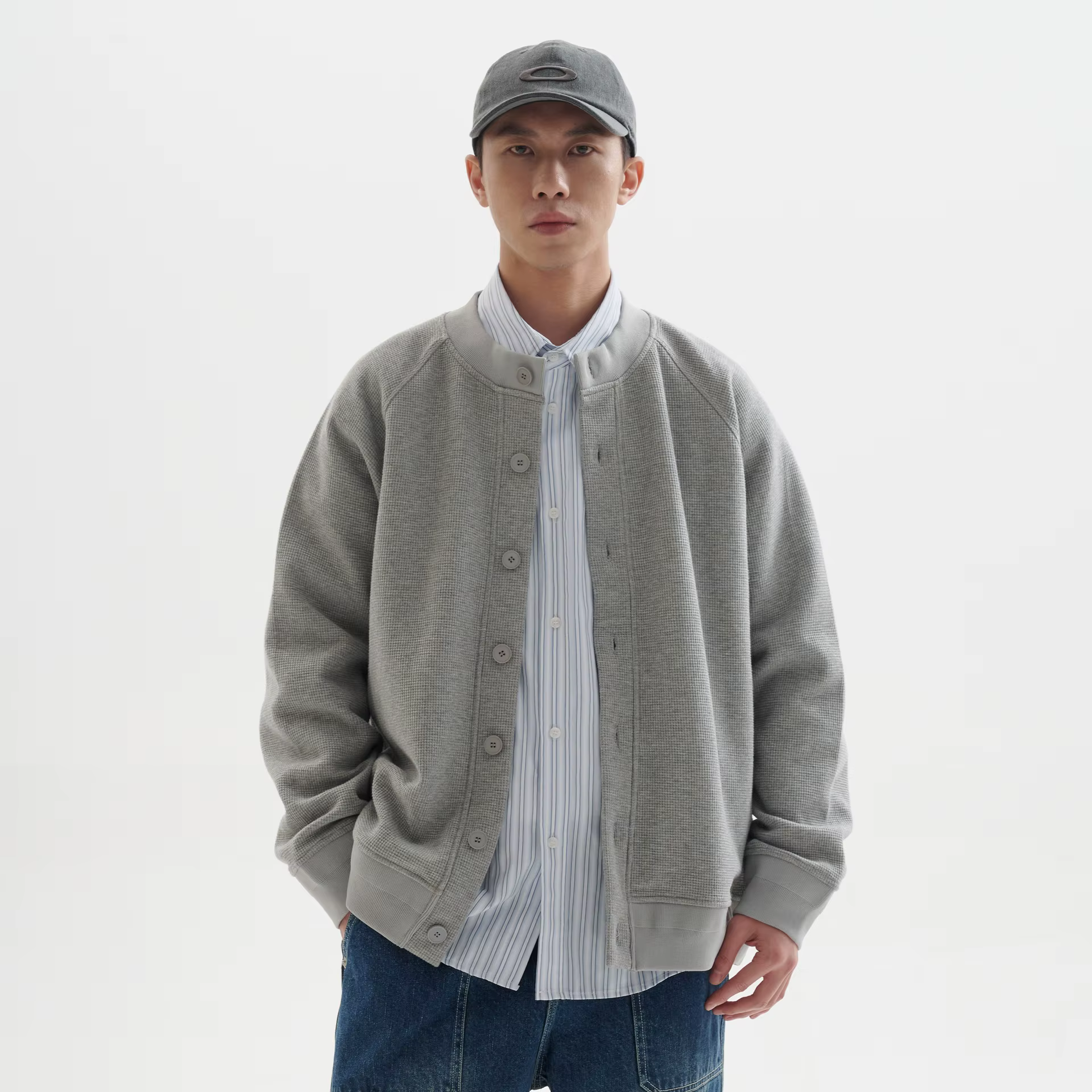 Cardigan ample à col baseball en maille gaufrée