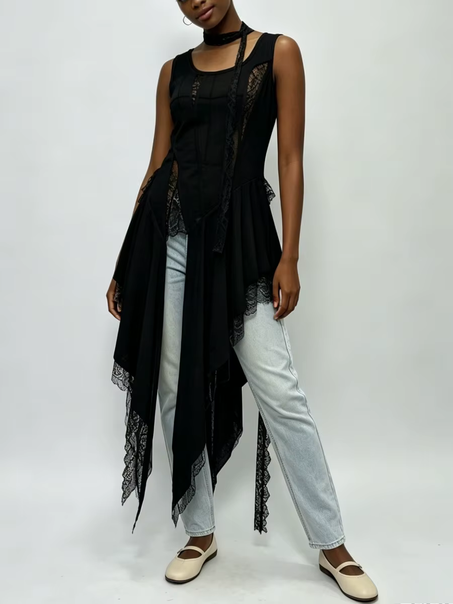 Nouveau Gilet Chic VGH en Dentelle Ample et Épissée pour Femme, Col Rond, Sans Manches, Coupe Irrégulière, Style Tendance Estival Féminin