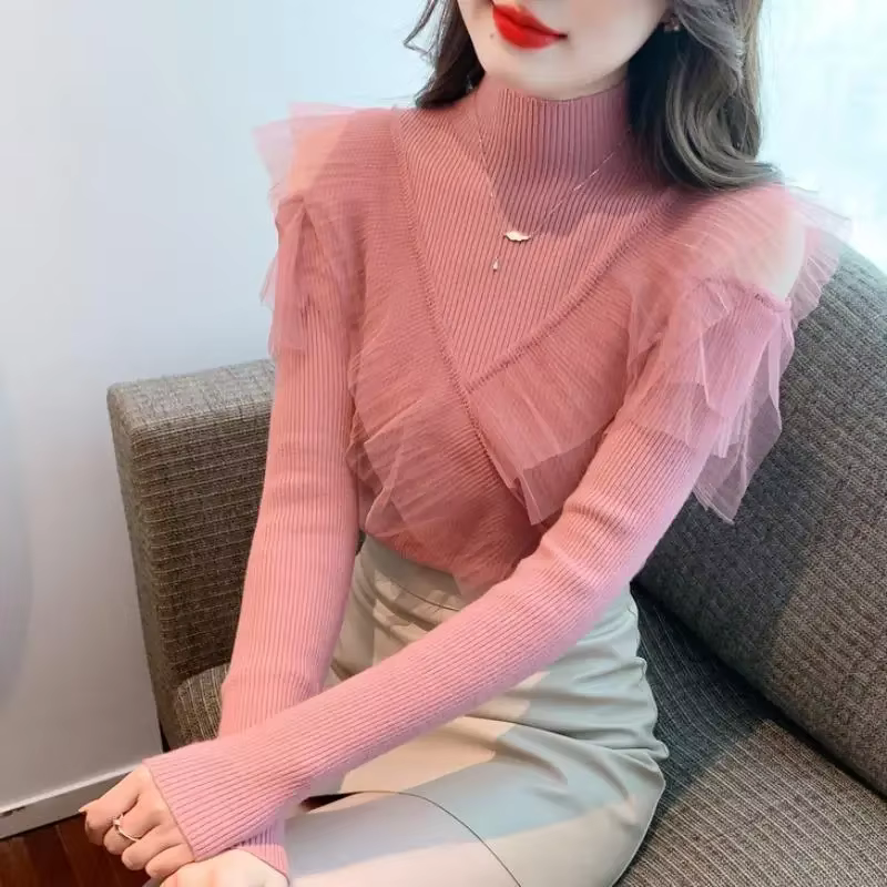 Pulls pour femmes rose Coquette coupe ajustée épissage maille
