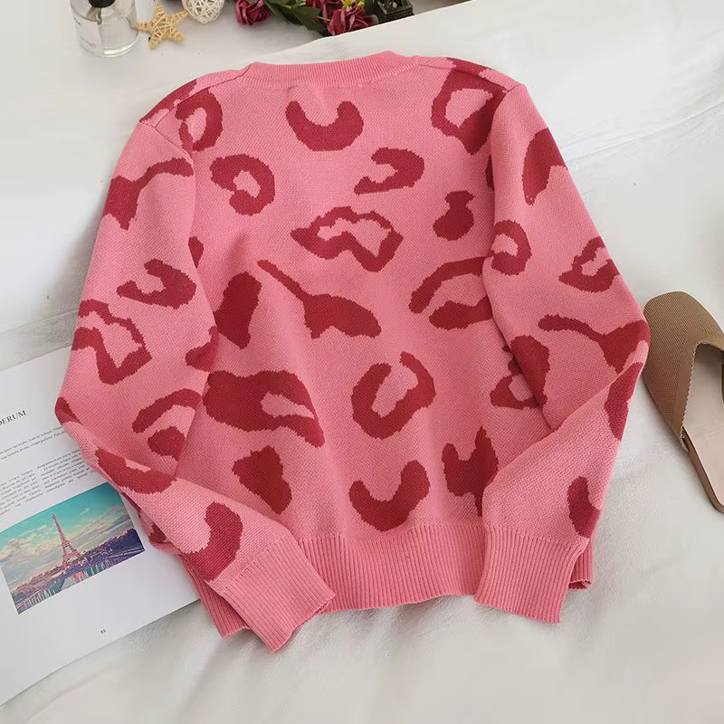 Léopard Vintage acrylique tricot col rond à manches longues pull femme