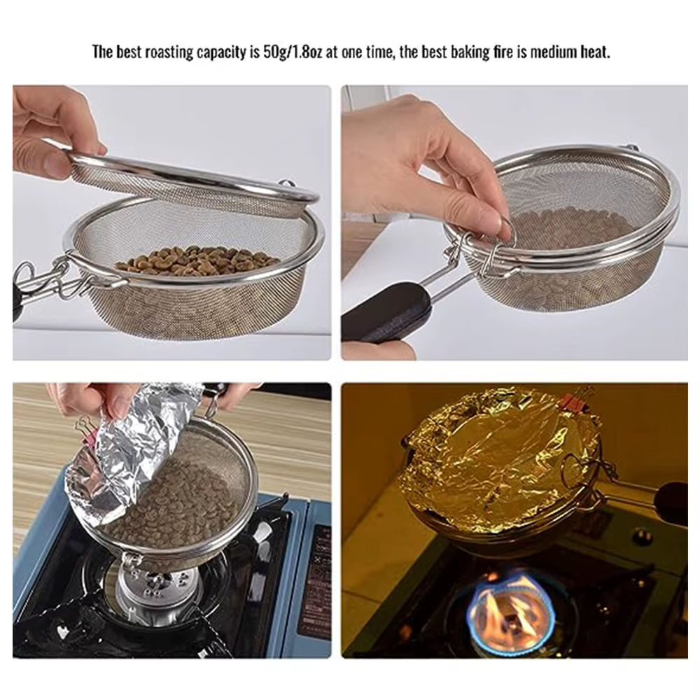 CAFEMASY – torréfacteur à café en acier inoxydable, treillis métallique avec manche en bois, filet de torréfaction de grains de café, usage domestique, outils à café en maille de torréfaction