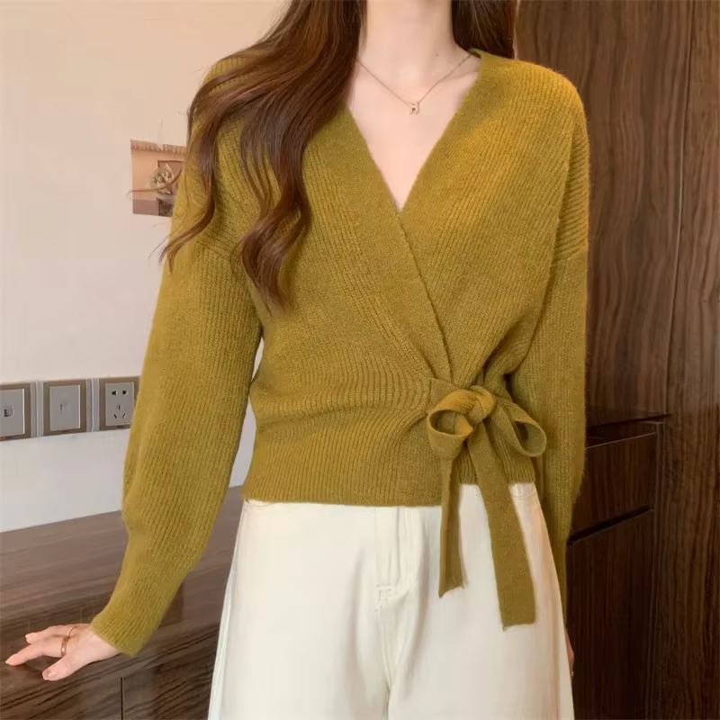 Cardigan portefeuille tricoté pour femmes, avec cravate latérale, surplis sur le devant, veste pull, automne hiver, mode élégante pour dames