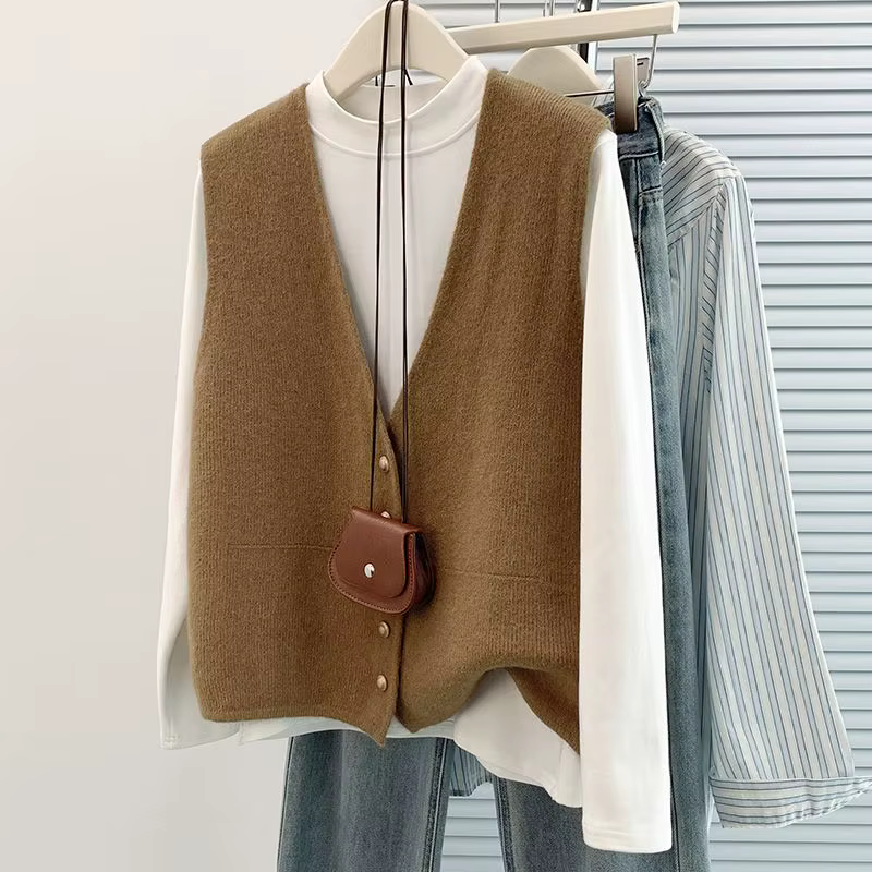Gilet tricoté doux pour femmes, col en V, boutonnage simple, polyester, pour femmes de tous âges, élégant et décontracté, automne et hiver, sans manches, cardigan, manteau tricoté ample