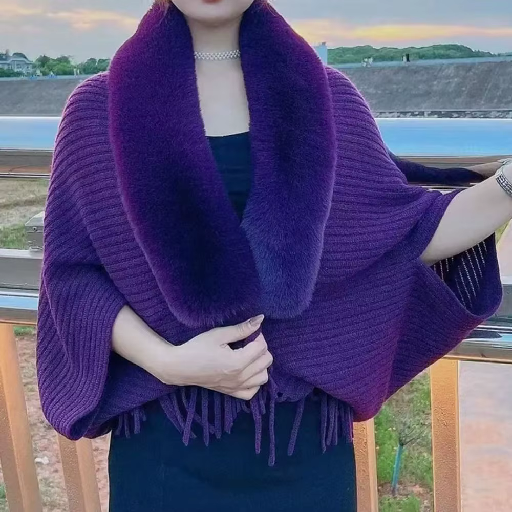 Robes de soirée pour femmes Cardigan Cape hiver chaud tricot châle fausse fourrure col enveloppes