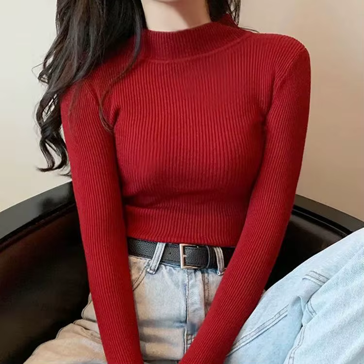 Automne hiver col montant femmes pull Vintage basique solide tricoté hauts décontracté mince
