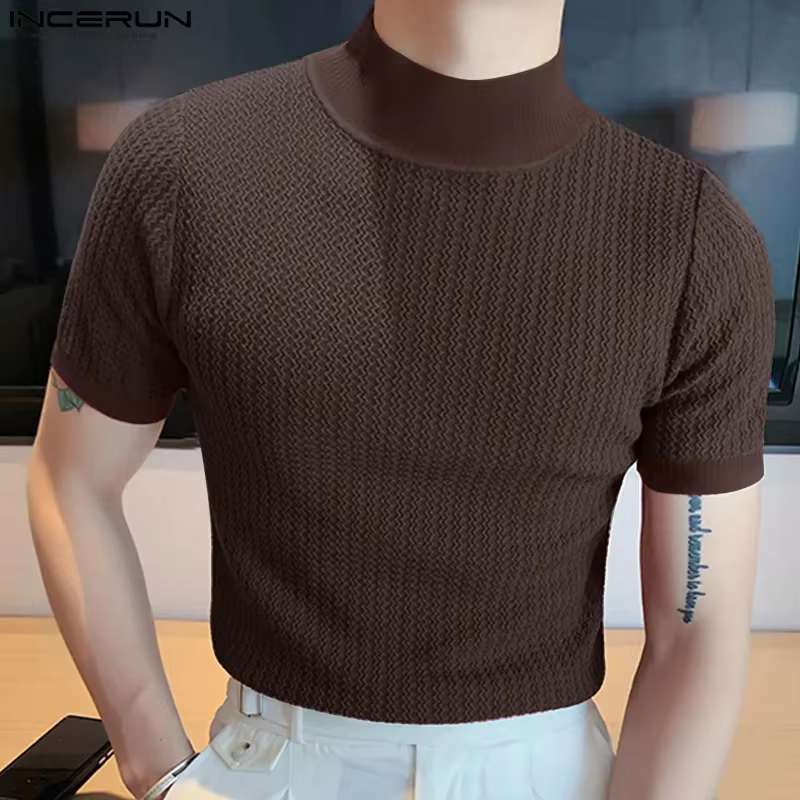 T-shirt tricoté à col roulé pour hommes, coupe cintrée, couleur unie, chemises décontractées, manches courtes, pull à bascule, Streetwear, 2024