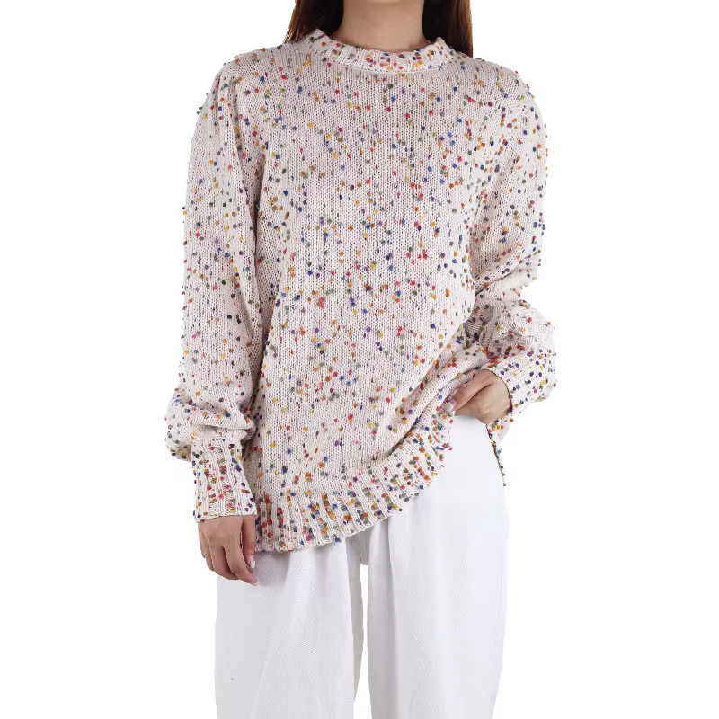 Pull tricoté pour femme, crochet à pois colorés, col rond, automne et hiver
