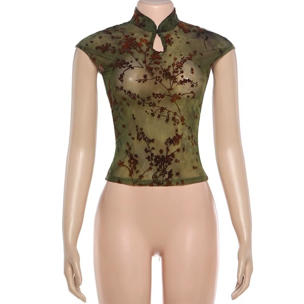 Débardeur sans manches transparent pour femme, coupe ajustée, col montant, style streetwear, patchwork jacquard, tissu extensible