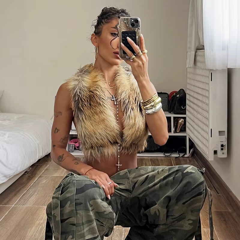 Dégradé moelleux gilet femmes licou dos nu sans manches débardeurs hauts Sexy haut en peluche Hottie Hip-Hop Sweetwear