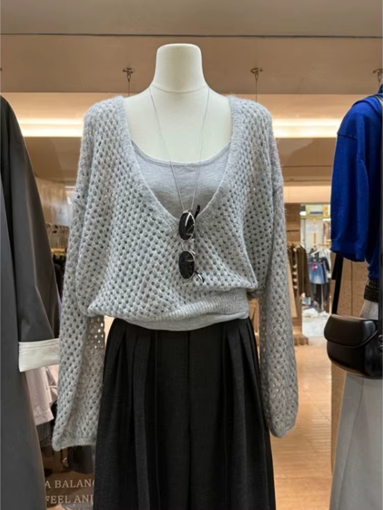 Pulls coréens 2 pièces ensembles évider tricot Pull coupe ajustée fronde gilet costume Sueter Mujer décontracté mode