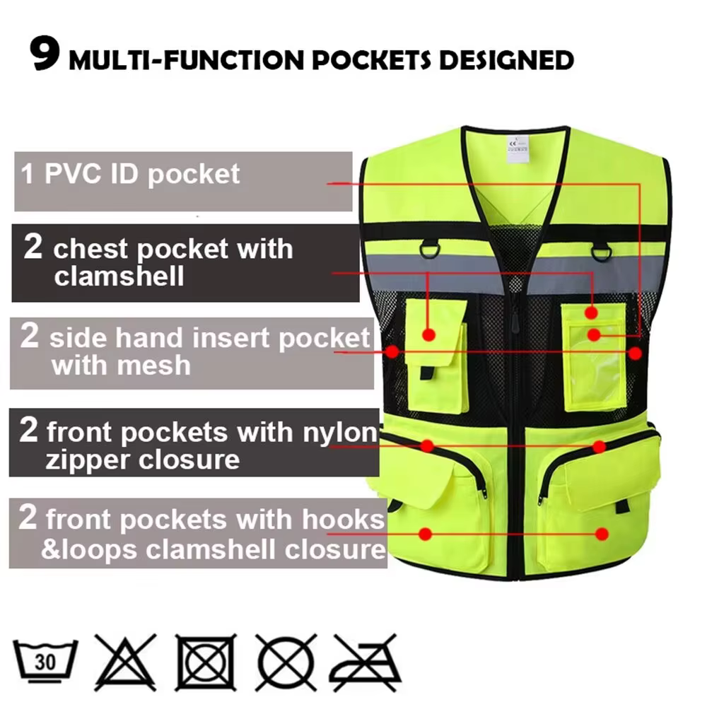 Gilet de travail de Construction pour femmes et hommes, gilet de travail de sécurité haute visibilité avec poches, fermeture éclair sur le devant, rencontre les normes ANSI/ISEA