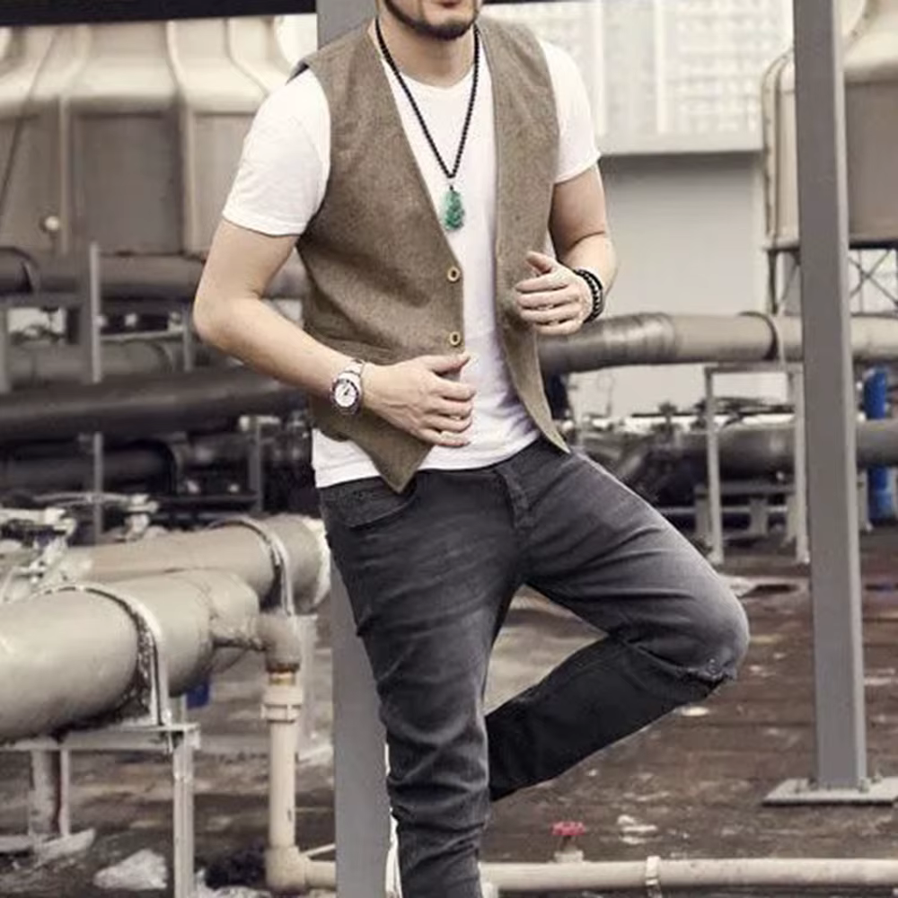 Gilet rétro en lin pour hommes d'affaires, coupe fine, col en v à trois boutons, décontracté et formel, Style britannique, été