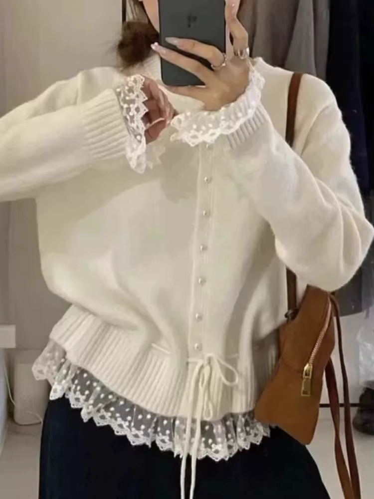 Pull tricoté femmes 2025 automne nouveauté perles boutons dentelle Patchwork chandails pulls Style coréen décontracté vêtements d'extérieur hauts