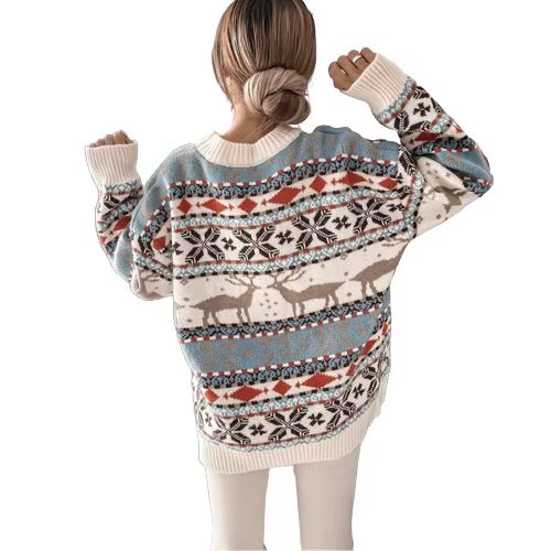 Pull Jacquard à manches longues pour femmes, pull à imprimé cerf, tricots en polyester, chaud, hiver, nouveau, 2024 occasions spéciales