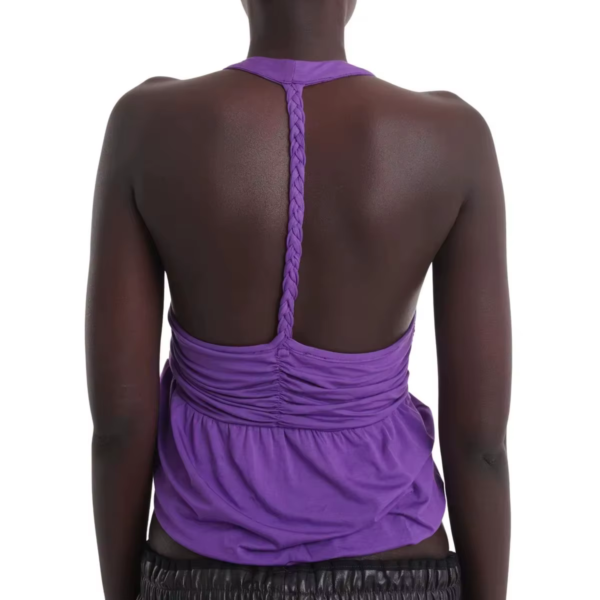 Haut jaune Niihai à col halter avec design plissé en V et gilet dos nu violet à lacets tressés