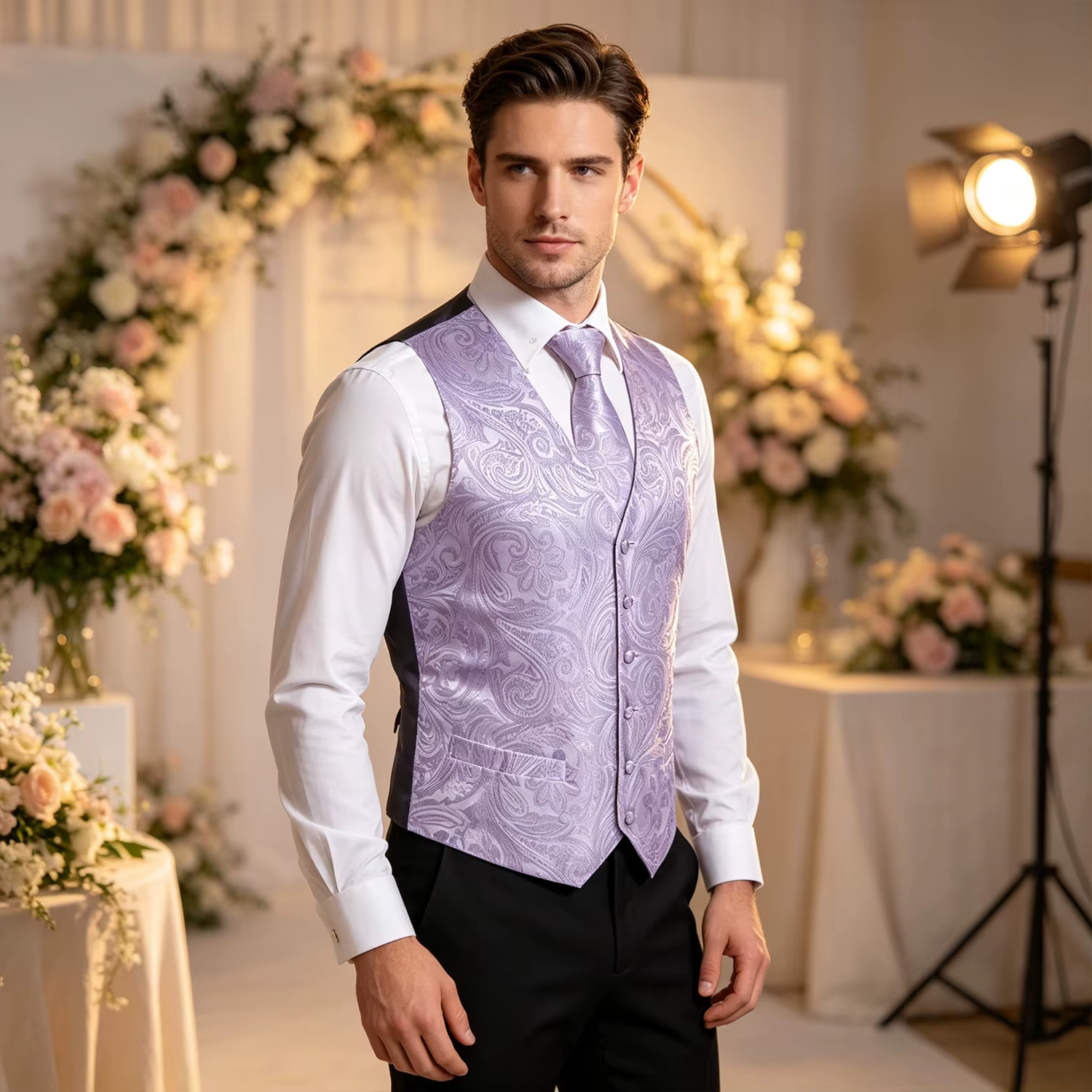 Ensemble de gilet et cravate jacquard pour homme 4 pièces, motif cachemire floral, avec pochette de costume et boutons de manchette, pour costume, smoking, mariage
