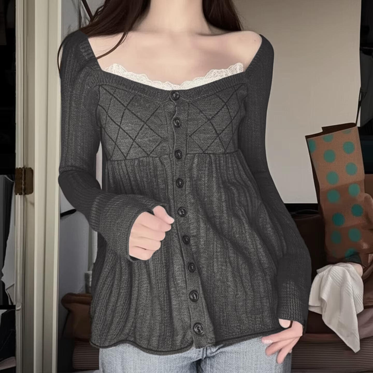Sweet Wind Girl – pull de maison boutonné en dentelle pour femme
