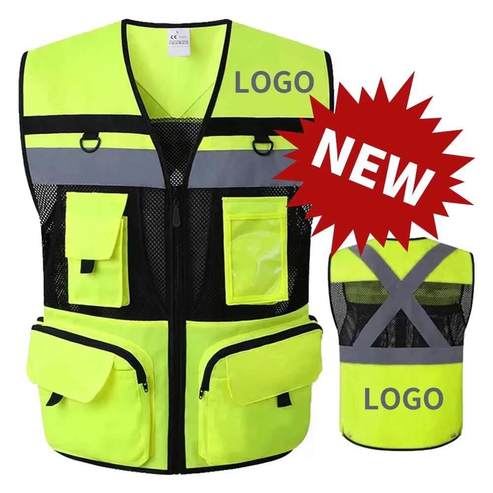 Gilet de sécurité personnalisé avec logo, poches à outils, respirant, haute visibilité, en maille, vêtements de travail