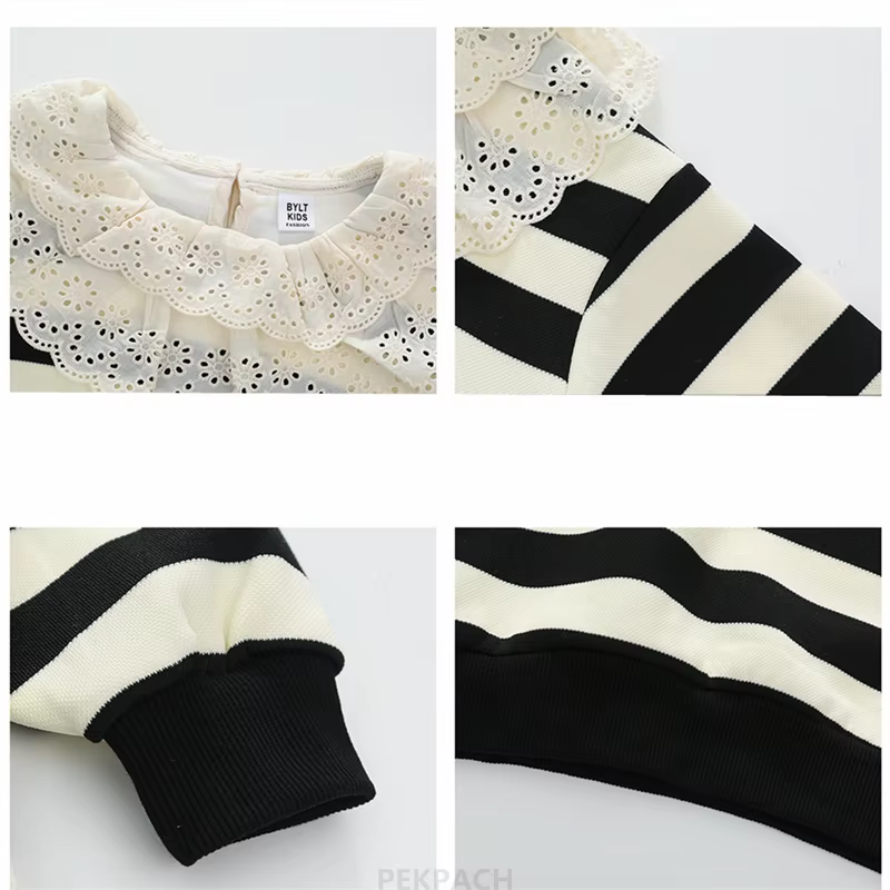 Sweat-shirt élégant à rayures noires et blanches pour enfants de 2 à 9 ans, avec col en dentelle, tenue pour nourrissons filles, vêtements de printemps et d'automne en coton
