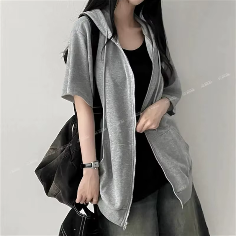 Sweat-shirt à capuche zippé à manches mi-longues pour femme