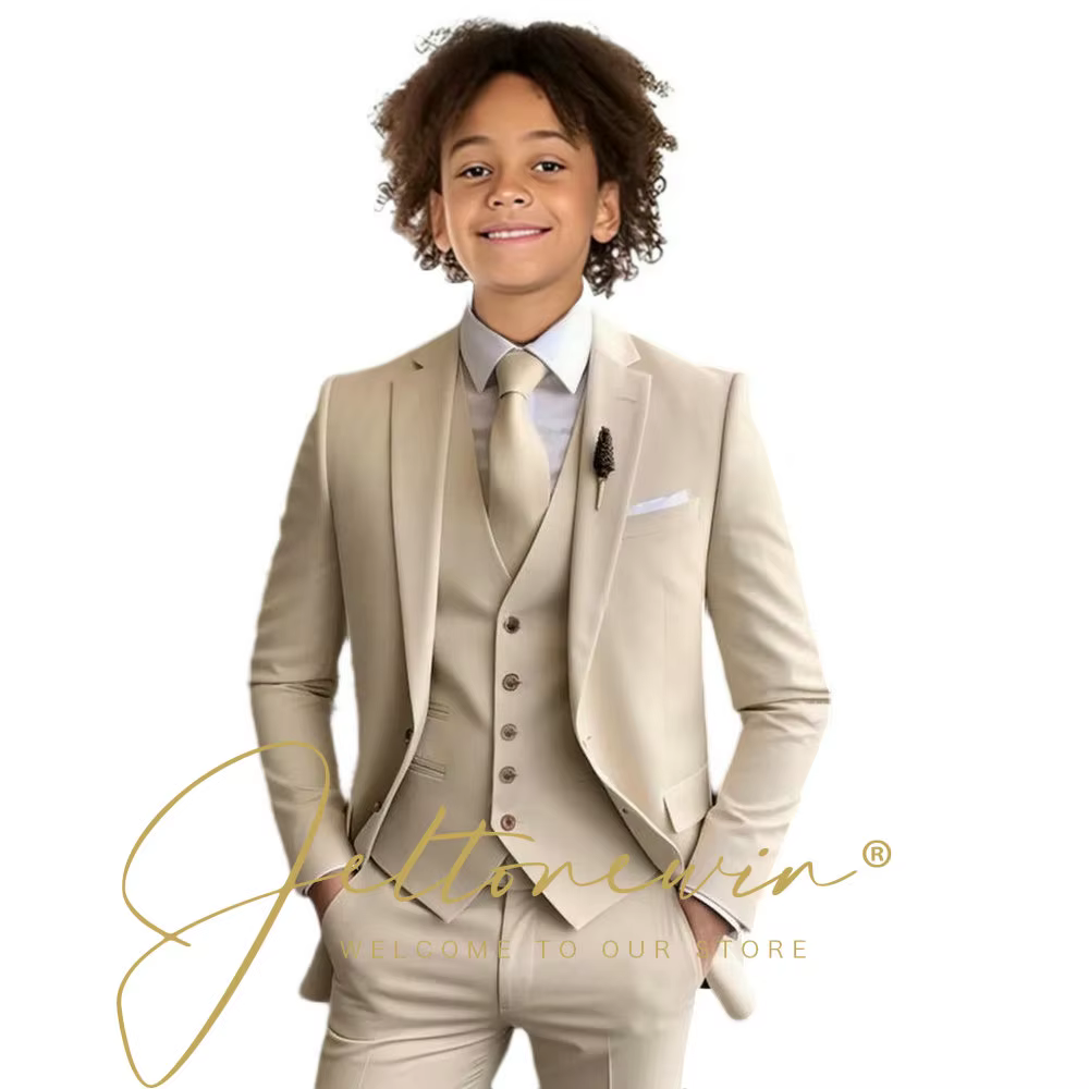 Costume formel Beige pour garçon, ensemble 3 pièces pour mariage, bal, dîner, uniforme pour enfants, Tuxedos personnalisé, Blazer, gilet, pantalon