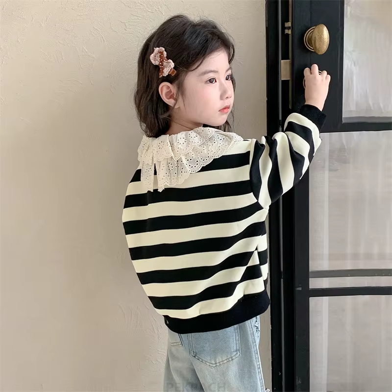 Sweat-shirt élégant à rayures noires et blanches pour enfants de 2 à 9 ans, avec col en dentelle, tenue pour nourrissons filles, vêtements de printemps et d'automne en coton