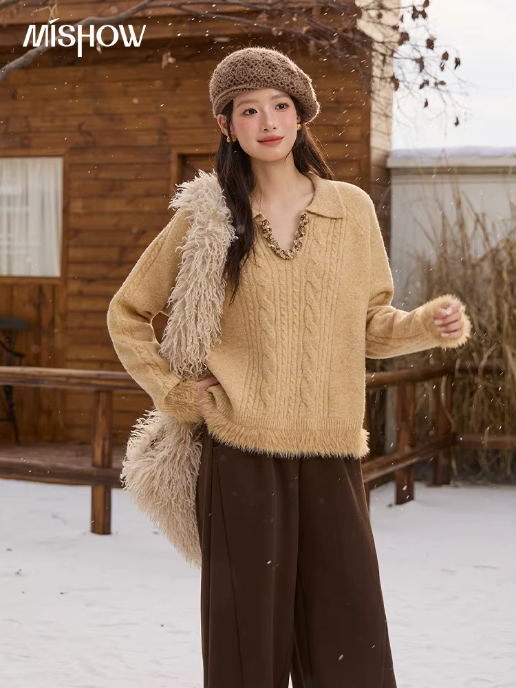 MISHOW jaune tricoté pull pour femmes 2025 hiver nouveau manches longues câble en peluche ourlet couture