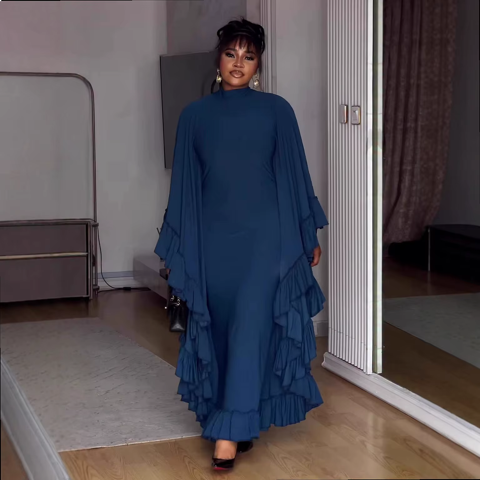 Robe longue élégante à col montant, couleur unie, taille à volants, robes trapèze pour femmes, robes maxi fluides printemps-été