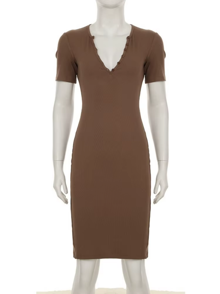 Robe longue à col en v pour femmes, vêtements d'été à manches courtes, couleur unie, une pièce, boutons Streetwear