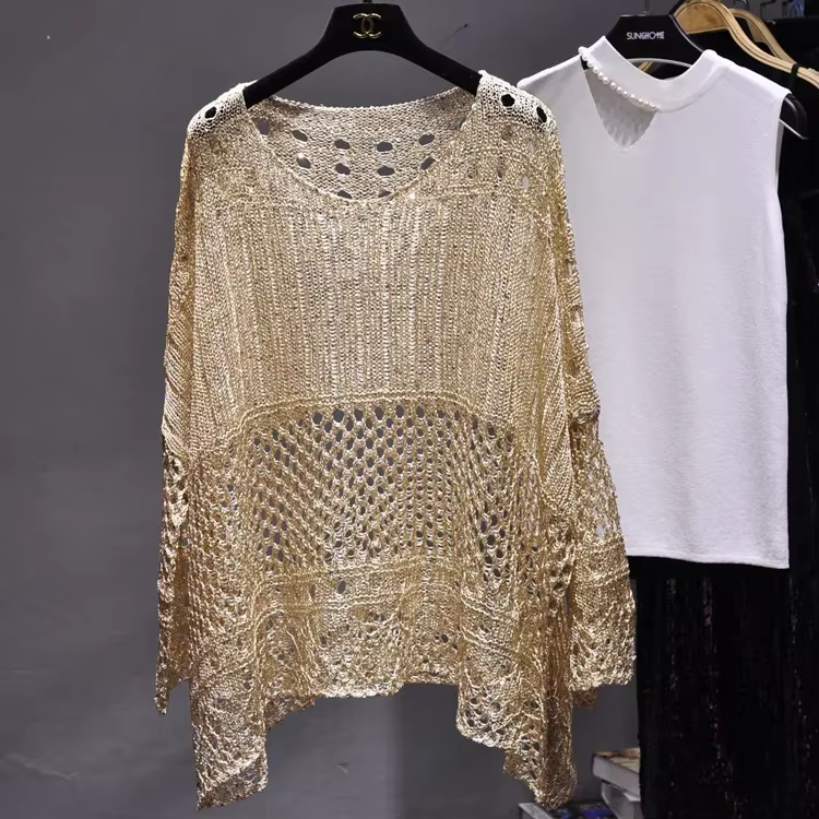 Pull tricoté décontracté à sequins brillants et fil doré