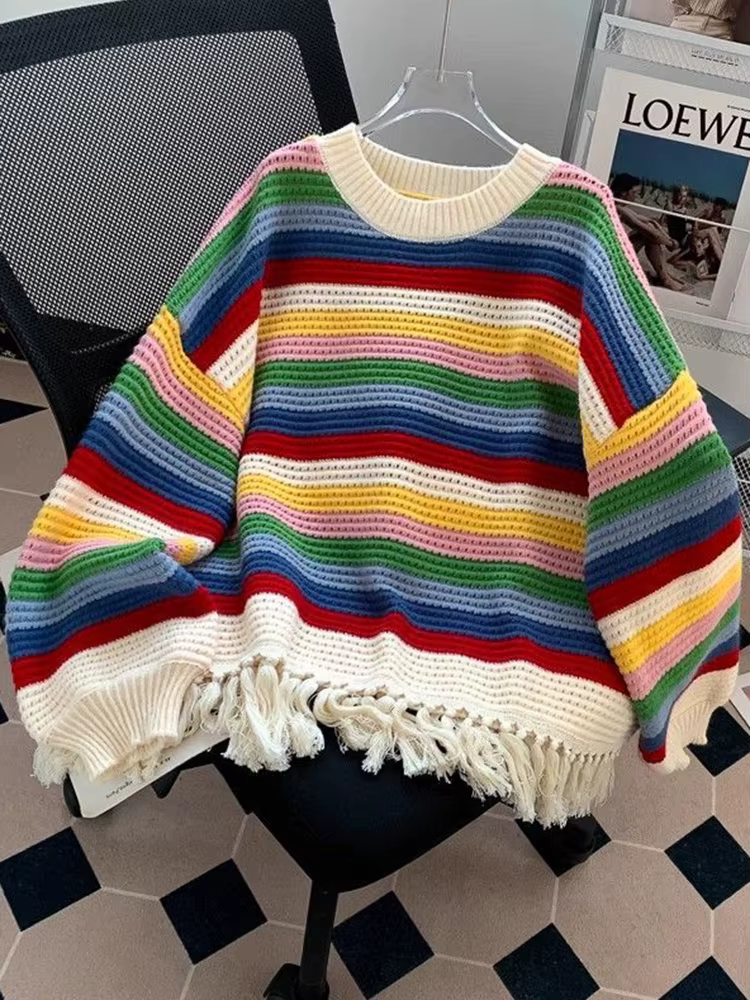 Doux gland chandails femmes Vintage mignon ample à manches longues tricoté pull décontracté rétro O cou dame évider pulls