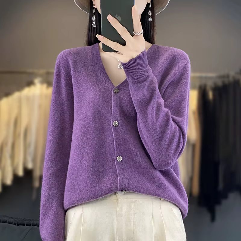 100% laine mérinos pull automne hiver femmes nouveau col rond solide tricoté Cardigan décontracté cachemire tricots à manches longues doux hauts