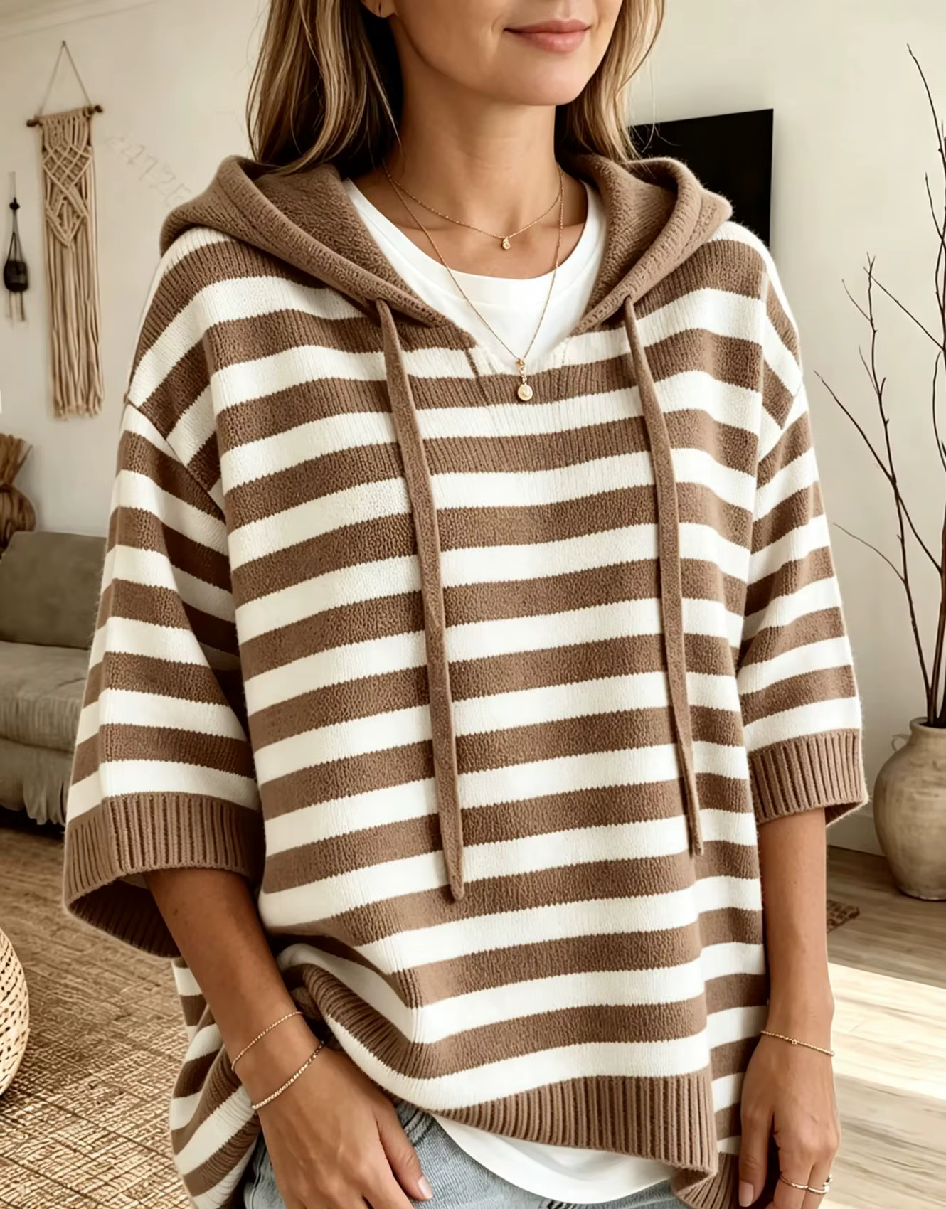 Pull pour femme, nouveau pull à capuche en tricot avec cordon de serrage, pull ample à manches longues rayé pour femme
