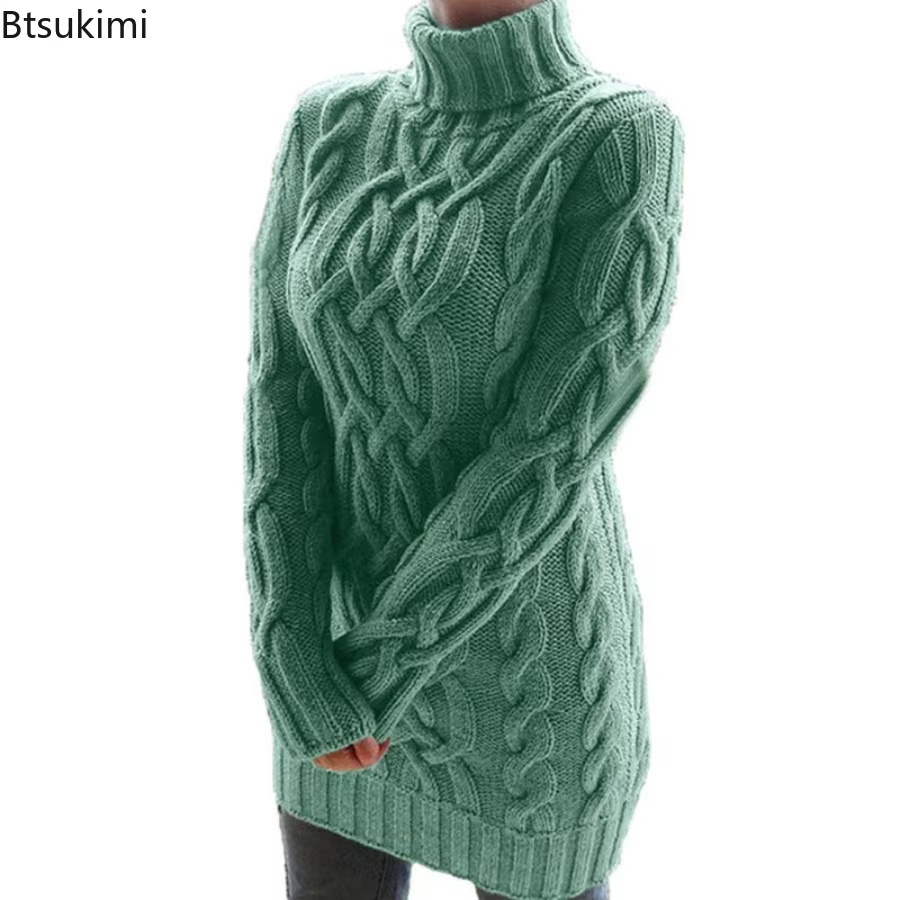 Femmes pull à col roulé nouveau automne hiver épaissir à manches longues tricoté rétro longueur moyenne chandails dames