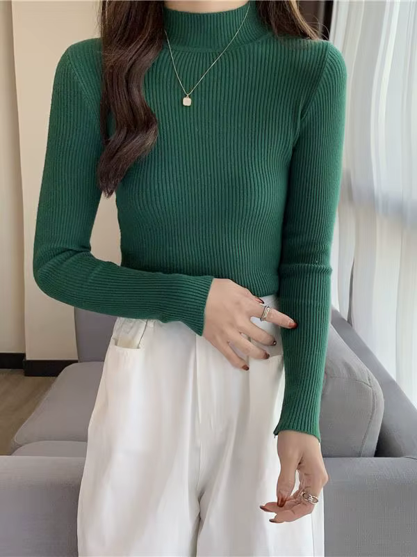 Femmes automne hiver pull à col roulé Vintage solide basique tricoté hauts décontracté mince