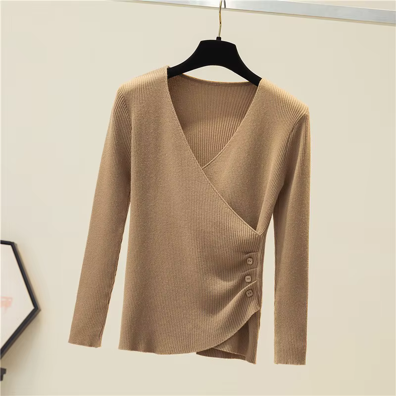 Surplice pull pour femmes pulls en tricot côtelé col en v à manches longues bouton côté plaine