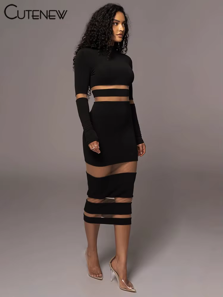 NIBBER femmes élégant col roulé rayure tricoté Robe Maxi manches longues corps-shaping