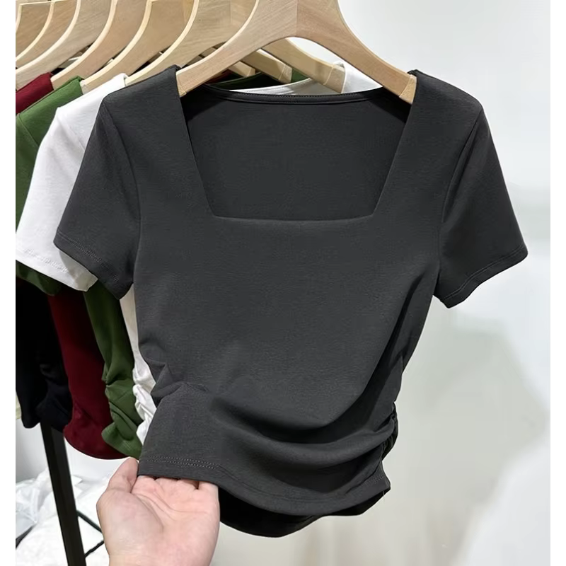 T-shirt à manches courtes et col carré pour femmes, nouveau haut d'été Slim Chic à belle taille
