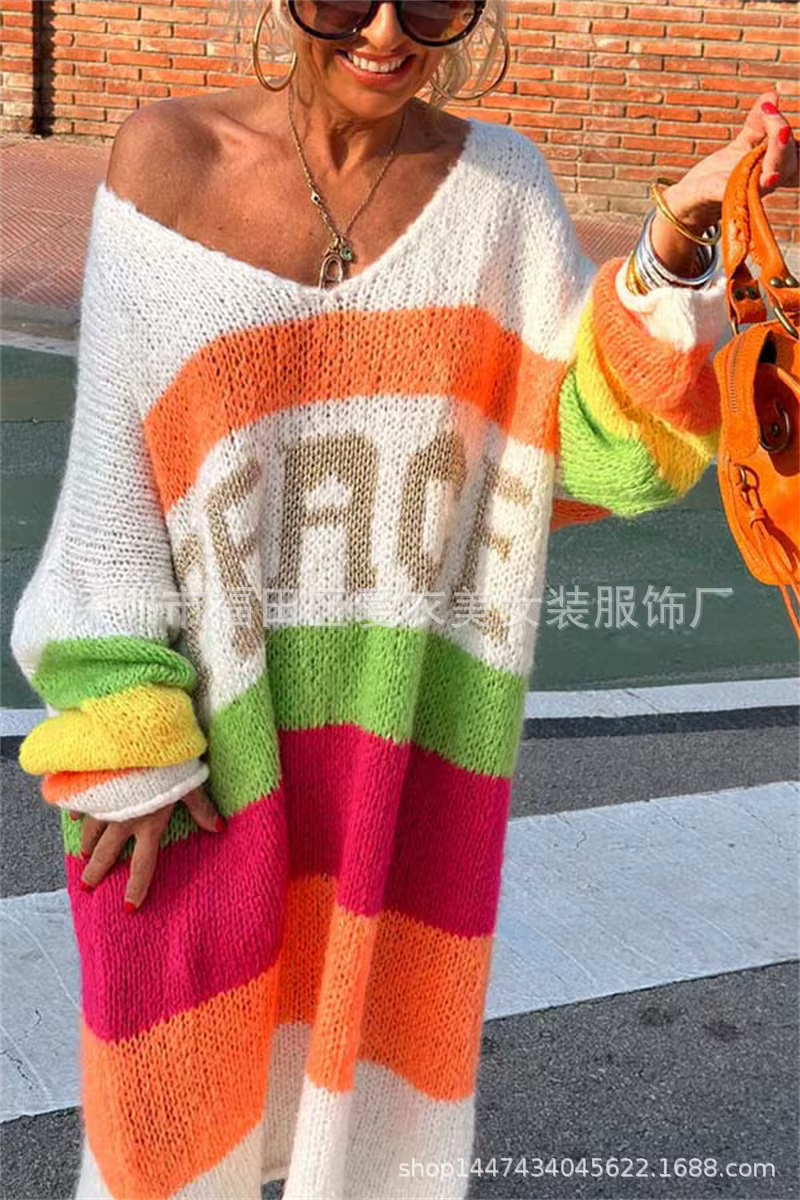 Pulls en tricot extra longs à rayures arc-en-ciel pour femmes