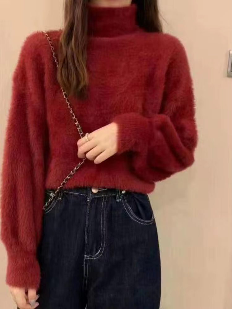 Pull à col roulé en laine de vison pour femme