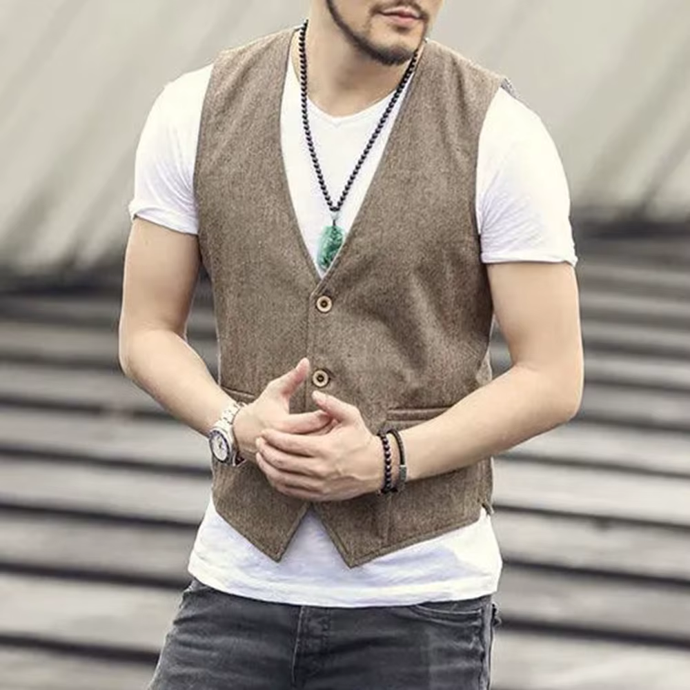 Gilet rétro en lin pour hommes d'affaires, coupe fine, col en v à trois boutons, décontracté et formel, Style britannique, été