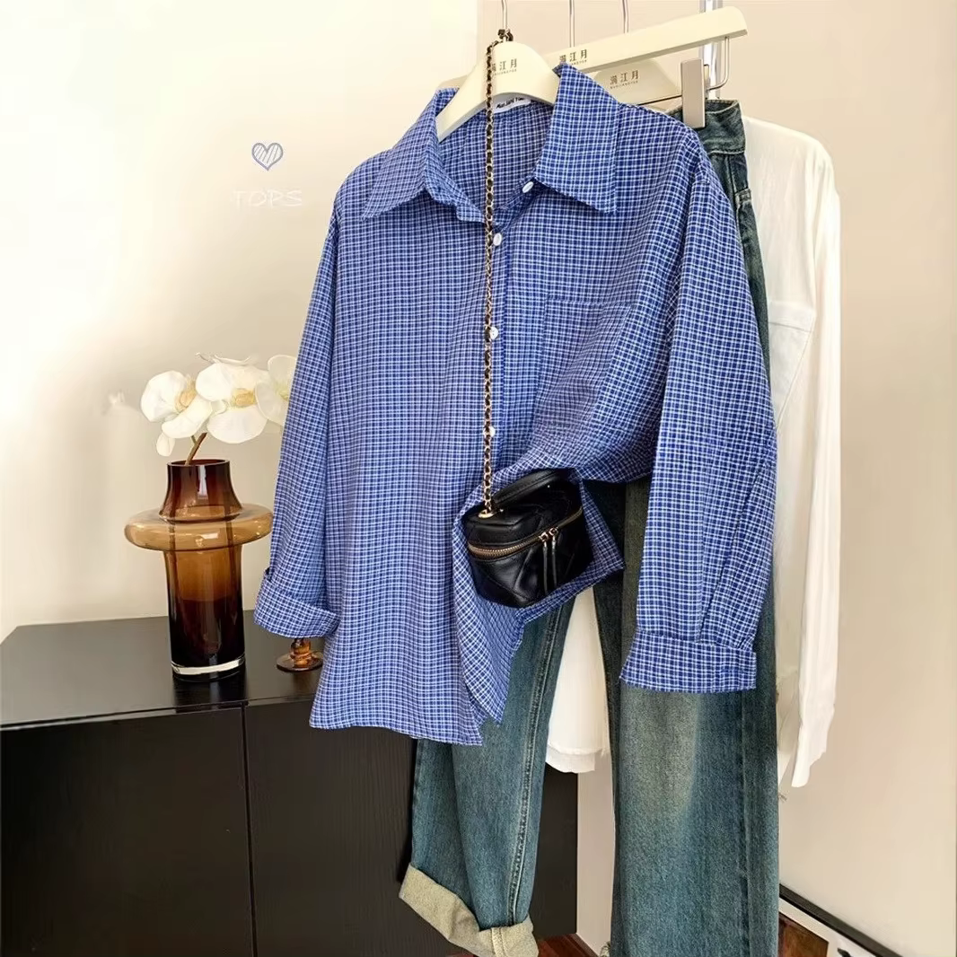 Veste chemise à manches longues à carreaux bleus pour femmes, Style paresseux Vintage de début d'automne, chemise ample et décontractée à carreaux ajustée.